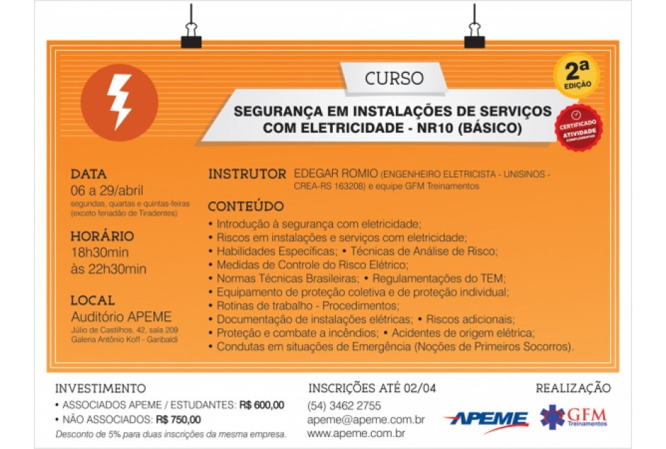 APEME abre inscrições para Curso NR 10 - Segurança em Serviços com Eletricidade