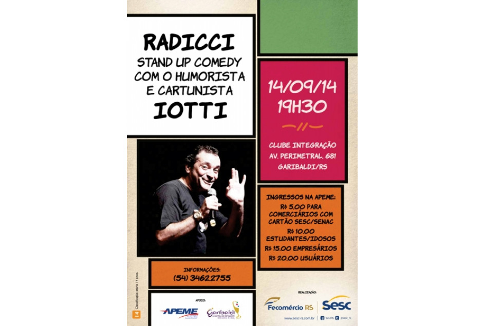 Espetáculo do humorista Iotti é neste domingo em Garibaldi