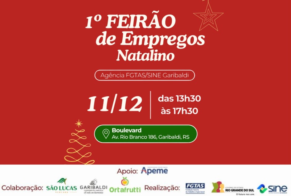 Garibaldi: 1º Feirão de Empregos Natalino terá uma estimativa de 250 vagas de trabalho