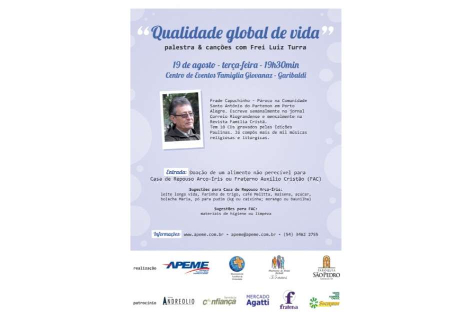 Frei Luiz Turra palestra dia 19 em Garibaldi