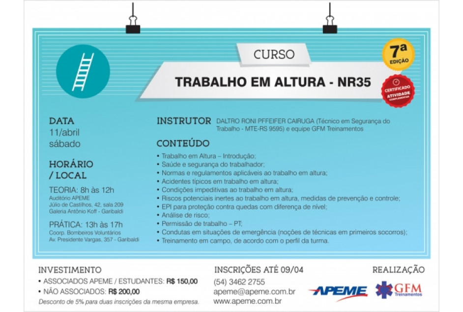 APEME abre inscrições para curso de Trabalho em Altura