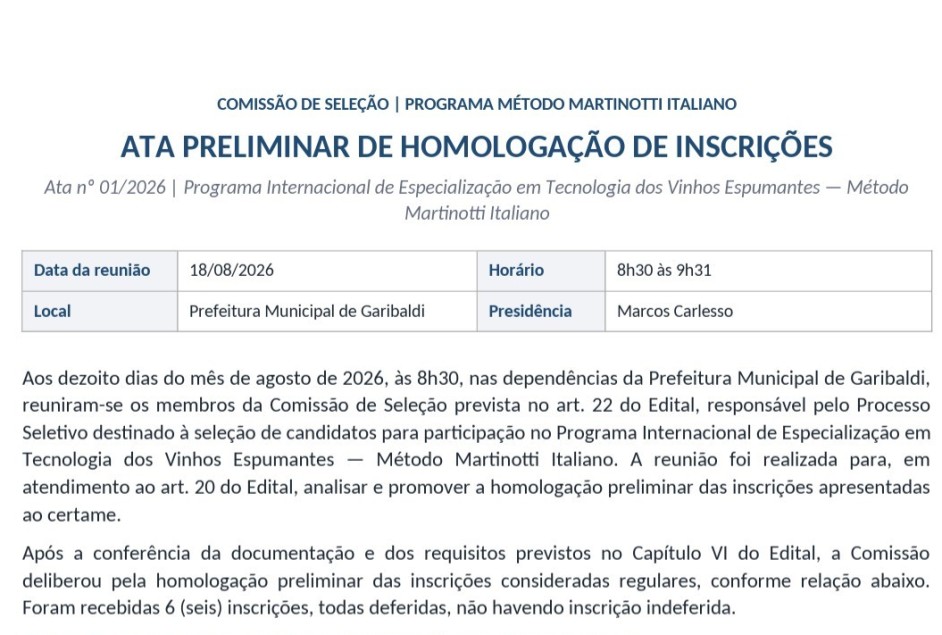 Programa Internacional de Especialização em Vinhos: comissão divulga Ata Preliminar de Homologação das Inscrições